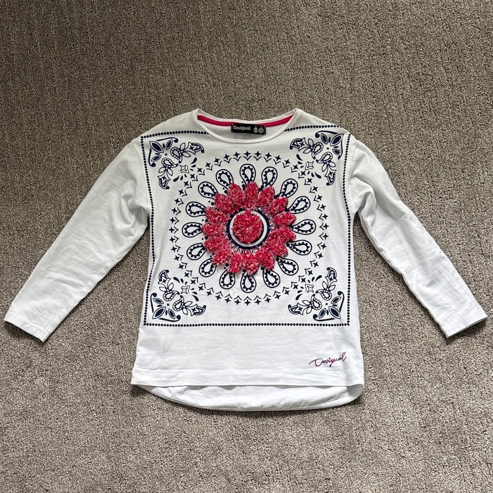 Desigual White and Pink Floral Long Sleeve Top